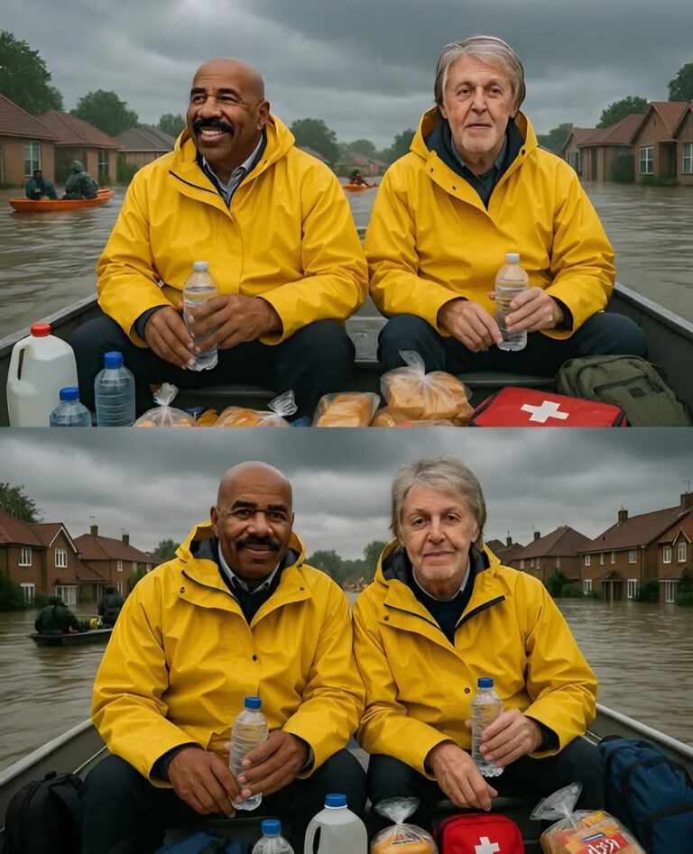 Paul McCartney leaned against a truck stacked with relief supplies, glancing over at Steve Harvey with a thoughtful look. “These folks in Texas really need us,” Paul said softly, his Liverpool accent carrying a quiet weight. “Homes destroyed, families torn apart — we can’t just sit by.”