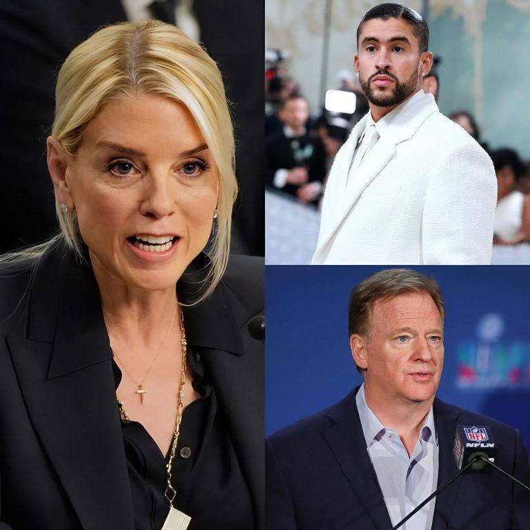 BREAKING: NFL refuses to eject Bad Bunny despite nationwide backlash — Roger Goodell calls his Super Bowl halftime performance a “Thrilling and unifying moment for America” ​​— But Pam Bondi RESPONDS, unleashing her fury: “Unity? Don’t insult that word. You can’t unite a nation by honoring someone who sp!ts on the flag, m0cks the president, and divides people — That’s not unity, that’s hypocrisy on the world’s biggest stage.” And as Bondi’s words echoed across the political world, her next statement left Roger Goodell completely speechless — a moment so powerful, so raw, that even the studio fell silent… – hghghg