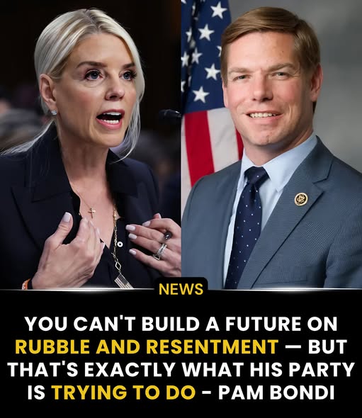 BREAKING NEWS: Pam Bondi scoffed at Swalwell’s demand for “destruction” — “Maybe he should start by destroying his own reputation. That’s the only crumbling structure in Washington, D.C. right now. You can’t build a future on rubble and resentment — but that’s exactly what his party is trying to do”. Then she dropped a final line that even the political world didn’t see coming… – hghghg